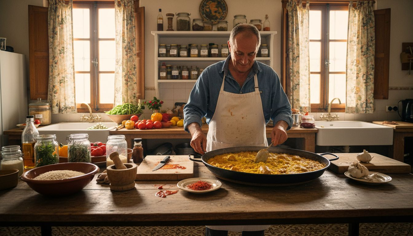 Cocinero valenciano elaborando una auténtica paella en su cocina de siempre