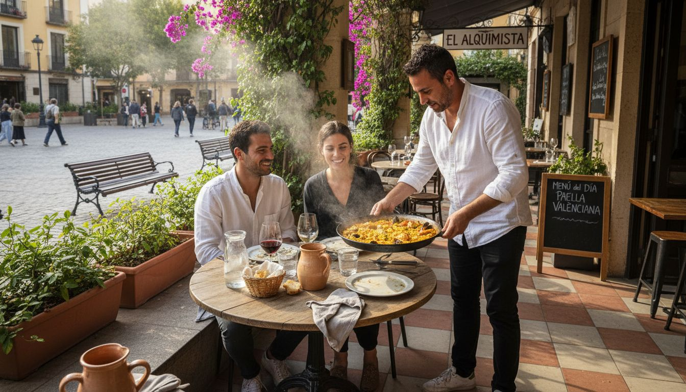 Un camarero sirve una paella recién hecha en la terraza de un restaurante típico de Valencia.