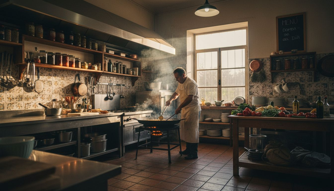Cocinero elaborando una auténtica paella en una cocina tradicional valenciana