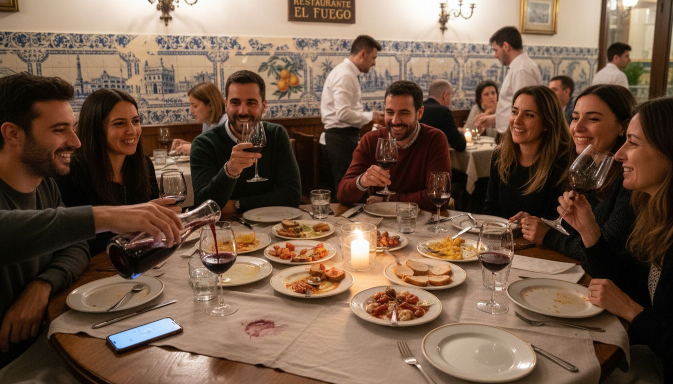 Un grupo de amigos disfruta de una cena llena de risas y buena conversación en un restaurante de Valencia.
