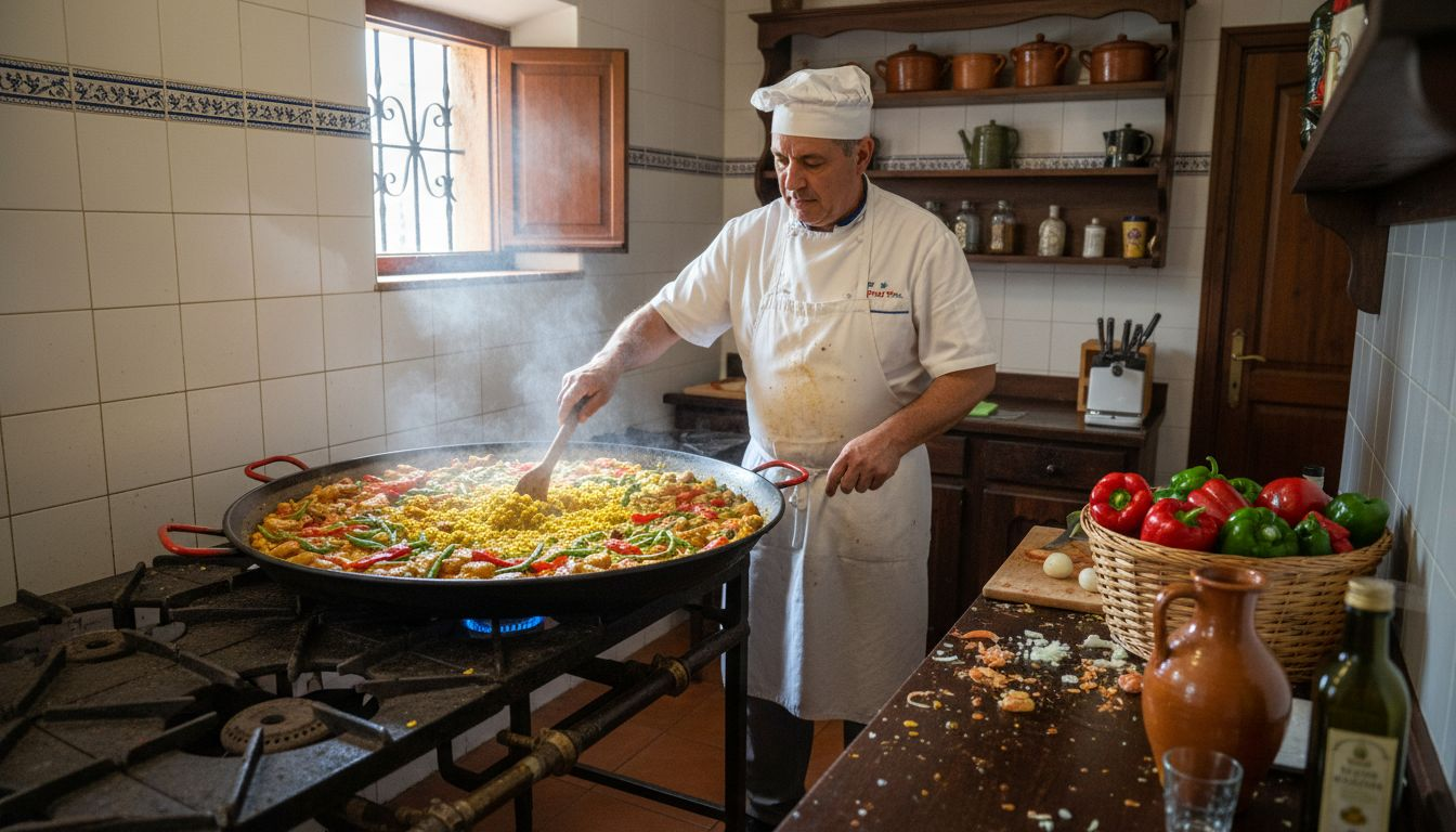 Un cocinero valenciano preparando una auténtica paella, siguiendo la receta tradicional.
