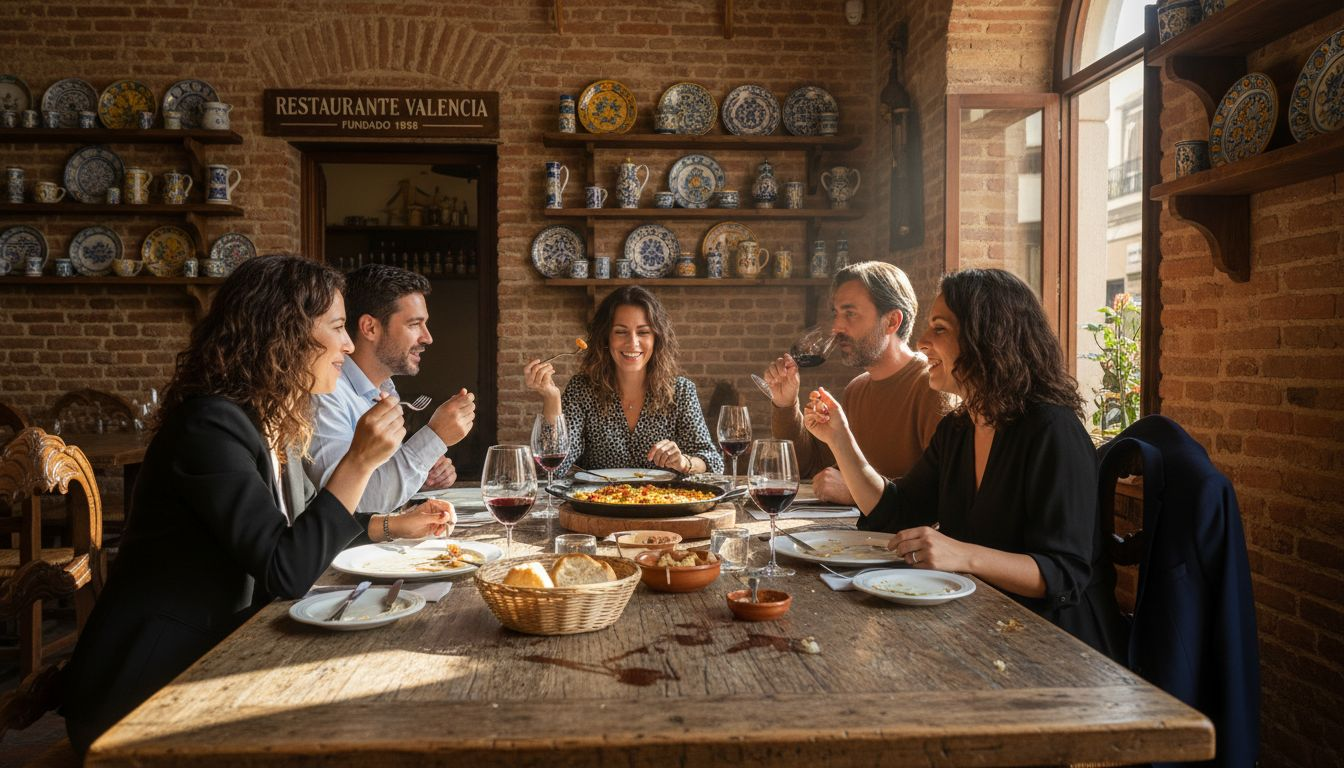Un grupo de amigos disfruta de una cena gourmet en un restaurante de Valencia.