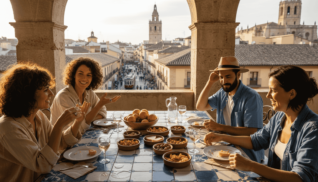Ambiente de terraza al aire libre en Valencia, con una mesa repleta de tapas típicas.
