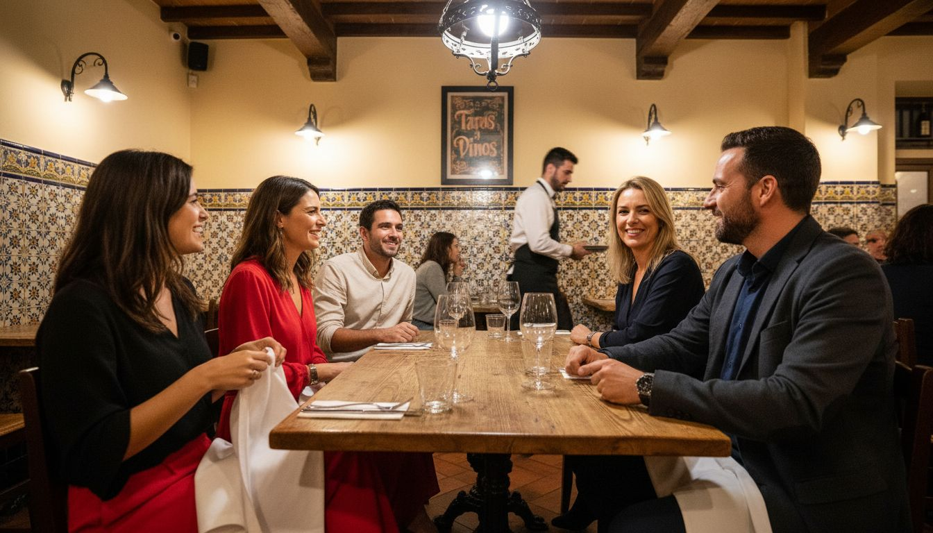 Un grupo de amigos disfruta de una cena juntos en un restaurante típico español.