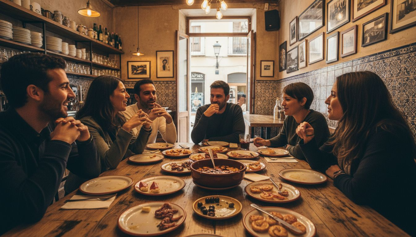 Un grupo de amigos comparte unas tapas entre risas en un animado bar valenciano.