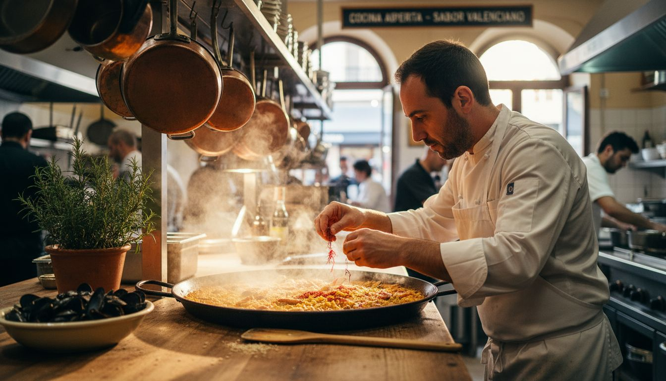 Un chef elabora una paella gourmet en una cocina valenciana.