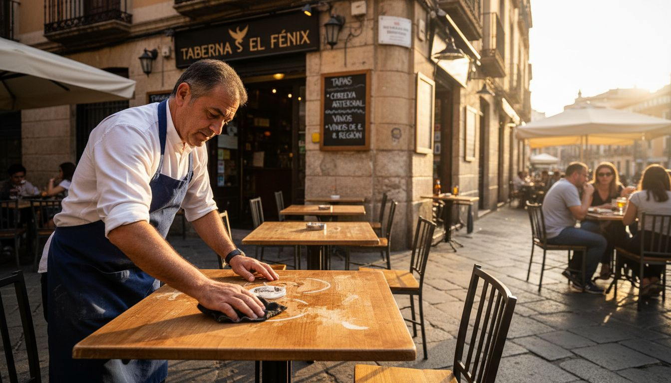 Un camarero recoge y limpia las mesas de la terraza en una taberna típica de Valencia.