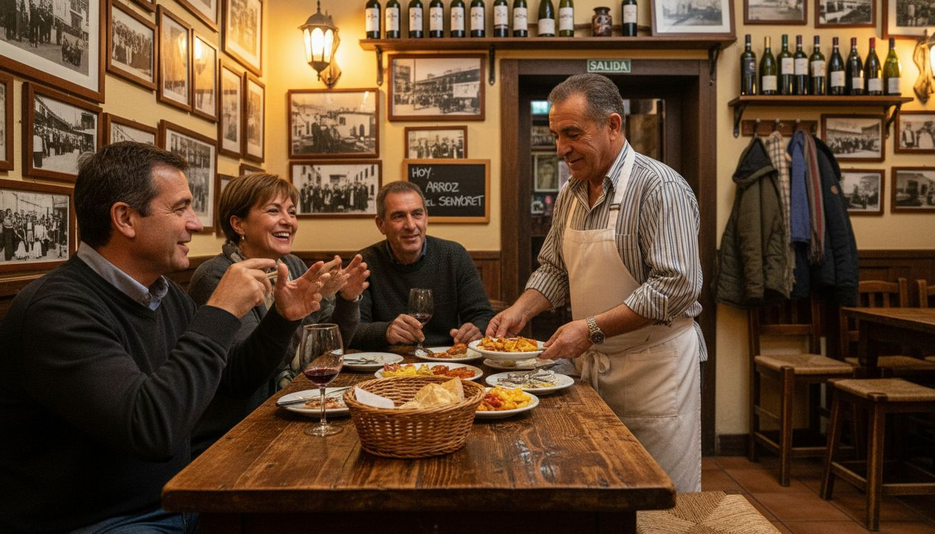 Un camarero atiende a los clientes, ofreciendo tapas en una taberna acogedora.