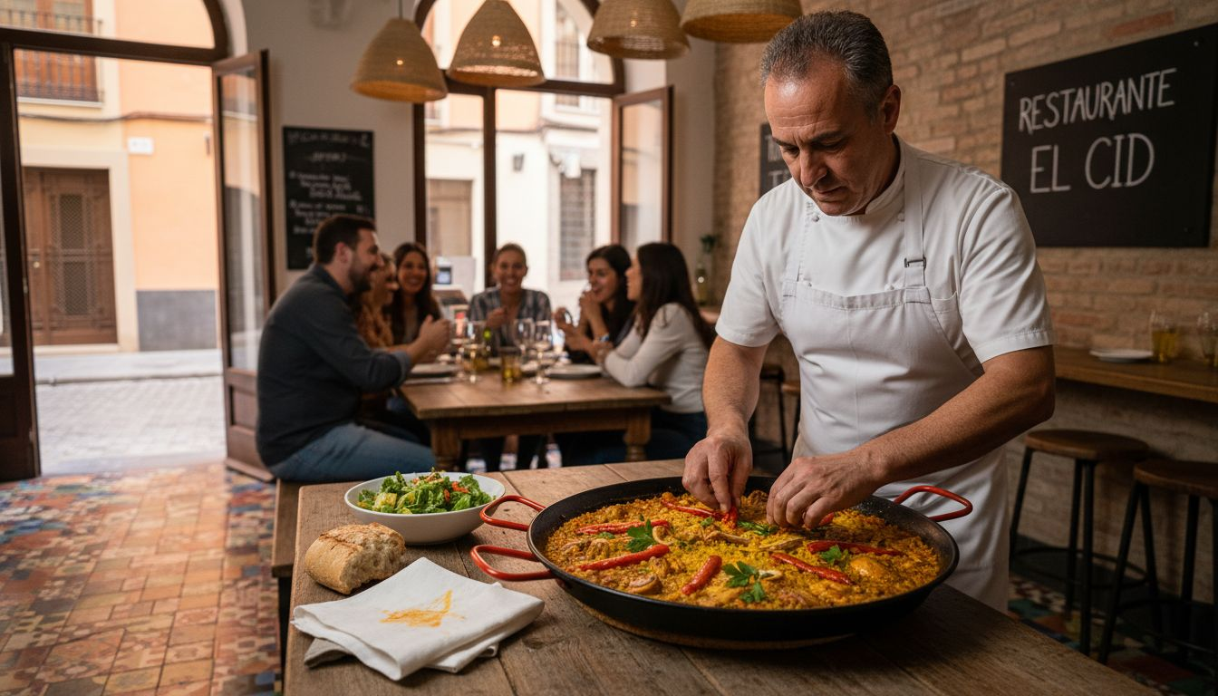 El chef sirve una auténtica paella en un restaurante valenciano lleno de ambiente y alegría.