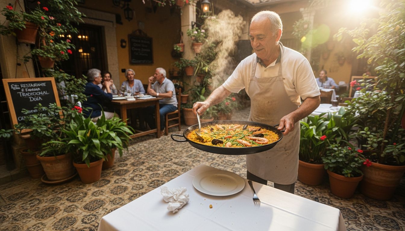 El chef prepara y sirve auténtica paella en un restaurante típico de Valencia.