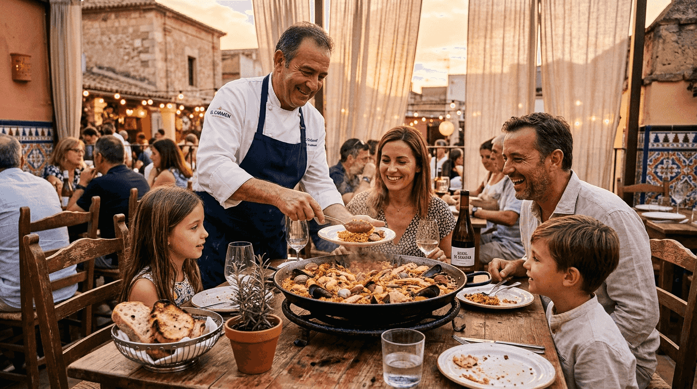 Un chef sirve una paella recién hecha a una familia que disfruta de una comida juntos en la terraza de una casa valenciana.