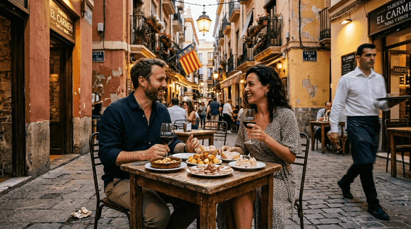 Una pareja disfruta de una cena al aire libre en una de las calles de Valencia.