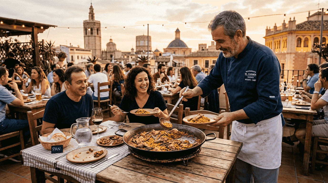 Cocinero preparando y sirviendo una tradicional paella en una terraza típica de Valencia.