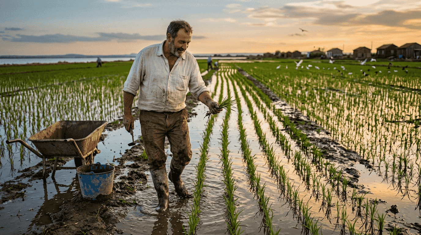 Un agricultor de la Comunidad Valenciana revisa el estado de su cultivo de arroz
