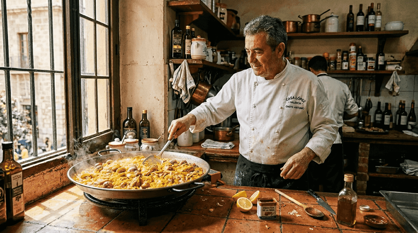 Un chef valenciano prepara una auténtica paella en una cocina luminosa, aprovechando el sol que entra por la ventana.