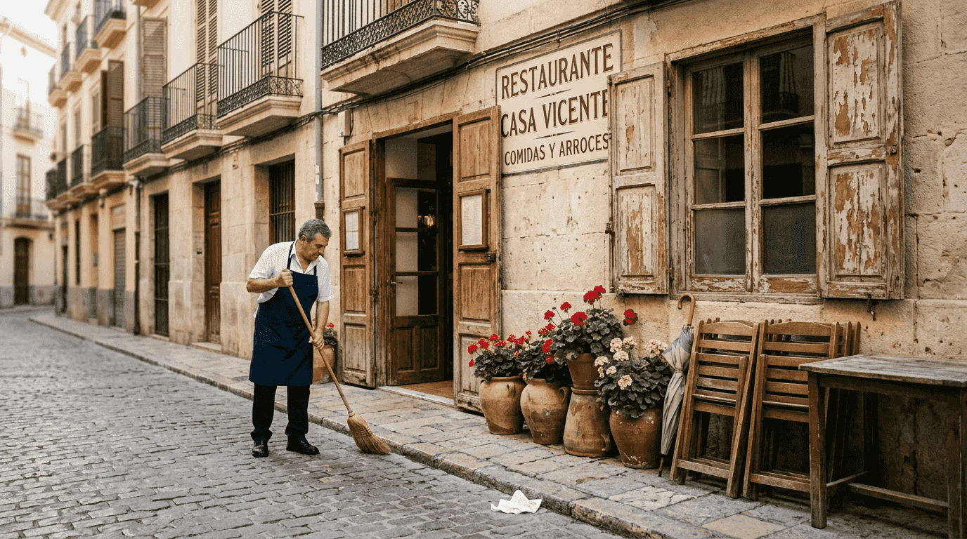 Entrada de un restaurante de toda la vida mientras un camarero barre la acera