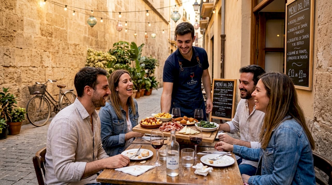 Un grupo de amigos compartiendo unas tapas en una terraza típica de Valencia, disfrutando del buen ambiente y la gastronomía local.