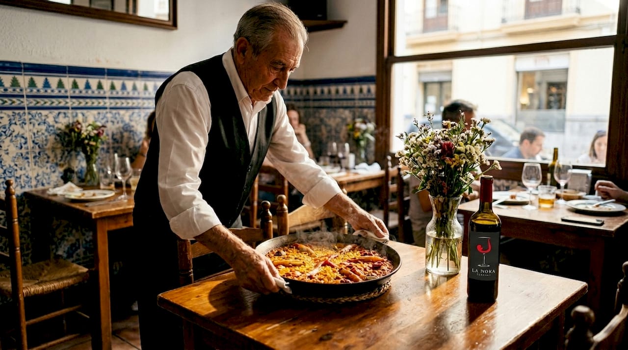 Ambiente típico de un restaurante valenciano, con un camarero sirviendo una auténtica paella.