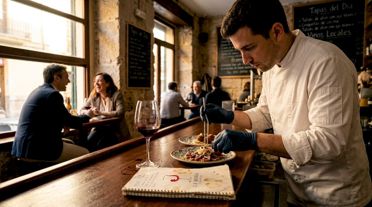 Un chef prepara y sirve exquisitas tapas en la barra de un restaurante típico valenciano.