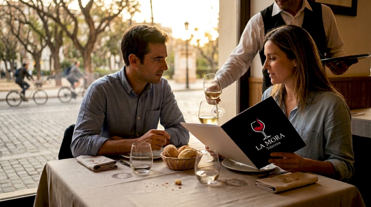 Una pareja hace una reserva para cenar en un restaurante gourmet de Valencia.