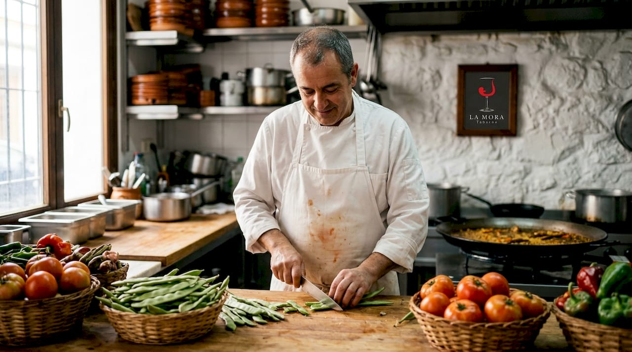 Un chef valenciano prepara cuidadosamente verduras frescas en la cocina.