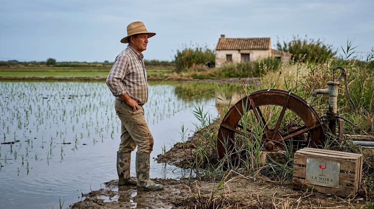 Un agricultor valenciano observa su arrozal junto a una acequia de riego