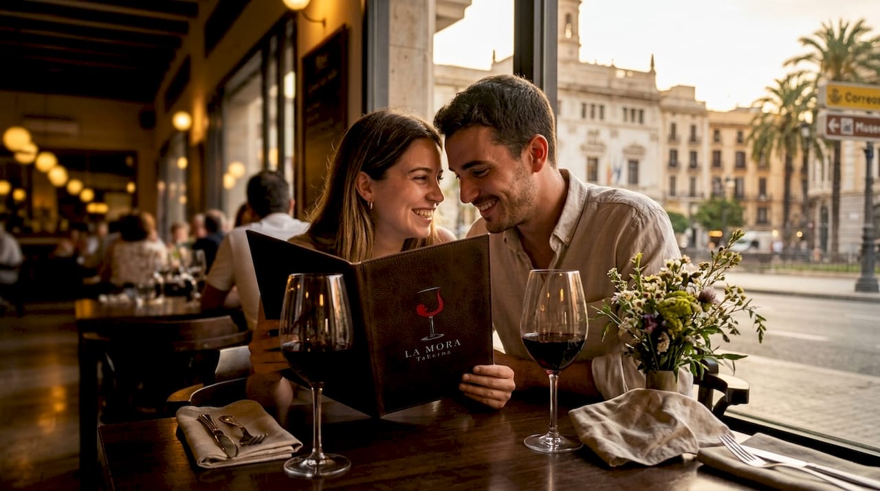 Una pareja hojea la carta mientras decide qué cenar en un restaurante sofisticado.
