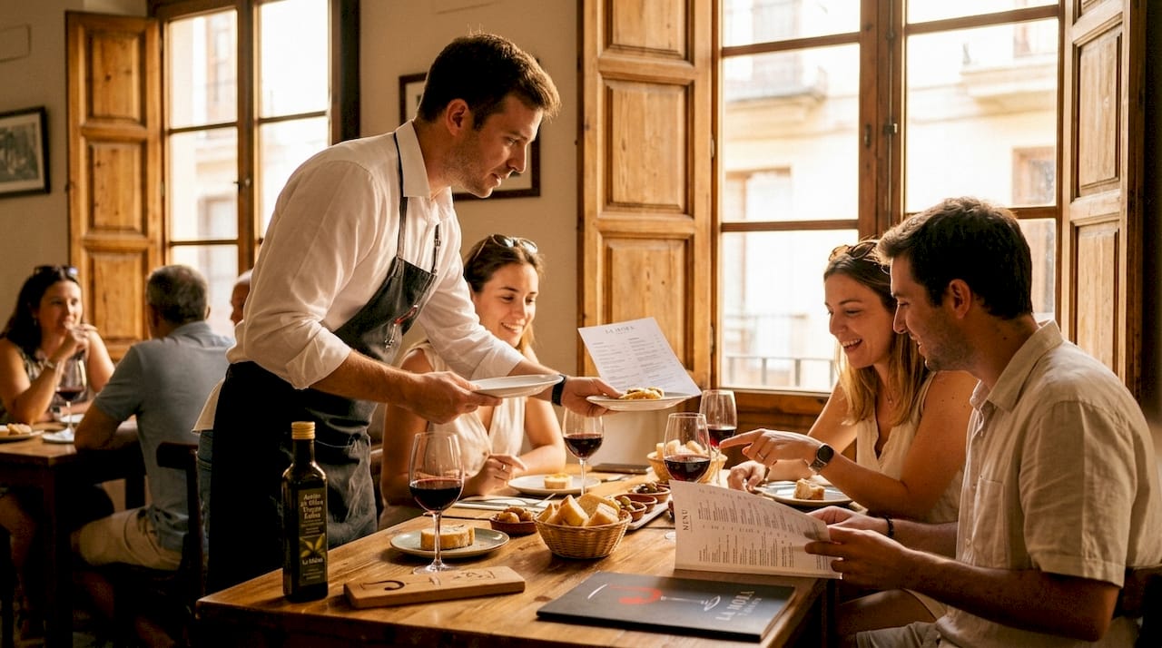 Un camarero atiende a los clientes mientras presenta la carta en una típica taberna valenciana.
