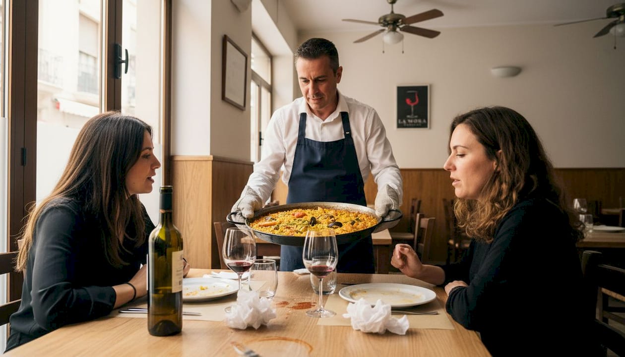 Un camarero sirve un plato de paella recién hecha en un típico restaurante valenciano.