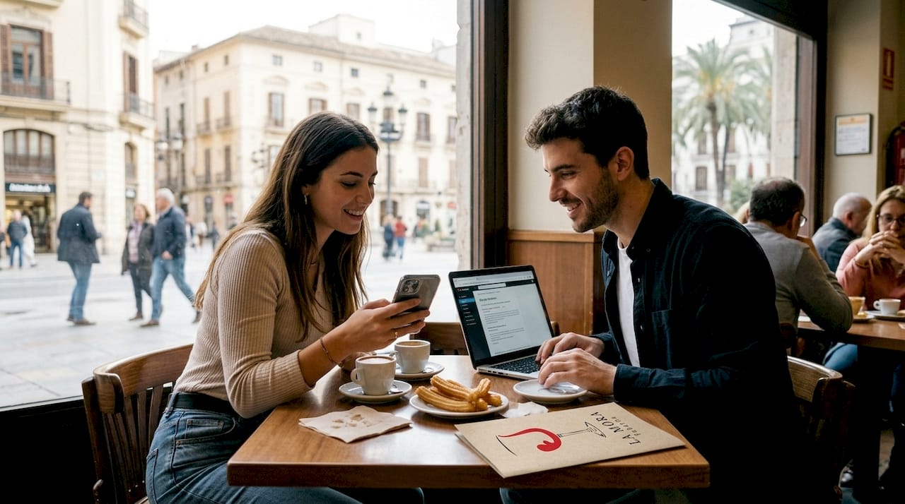 Una pareja está sentada en una cafetería, usando el móvil para reservar mesa en un restaurante.