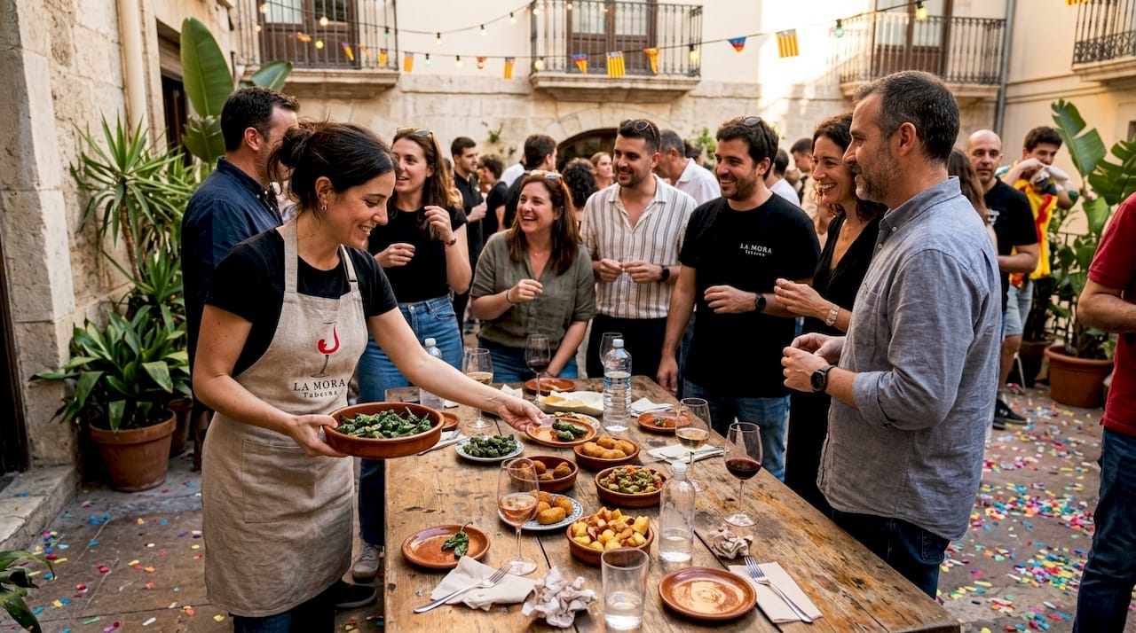 Una mujer reparte tapas durante una fiesta tradicional valenciana