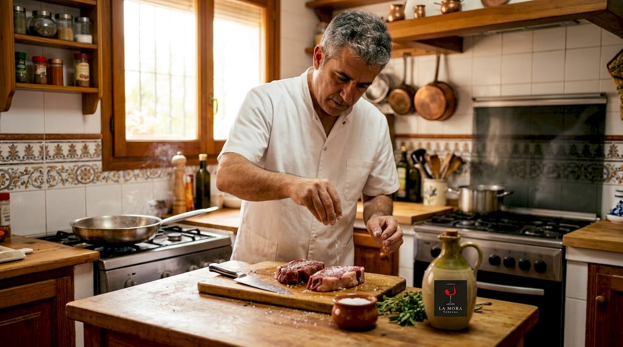 Cocinero español preparando cortes de carne de primera calidad