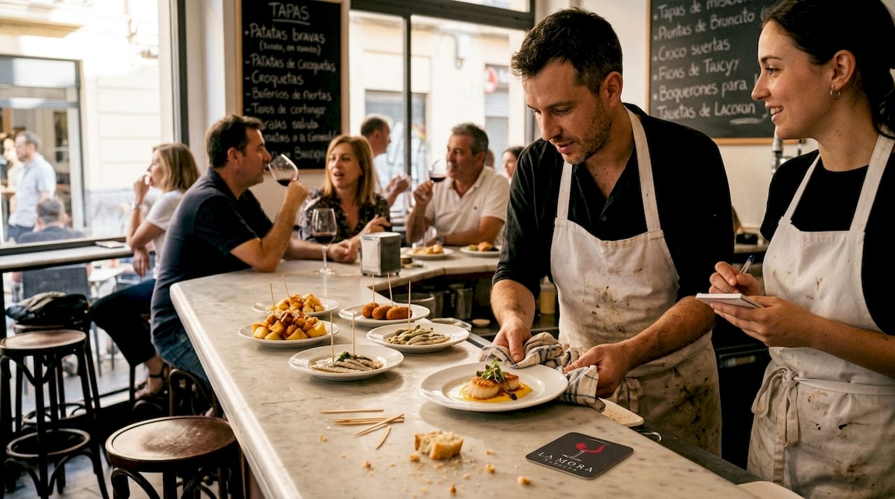 Un chef coloca cuidadosamente las tapas sobre la barra de un típico bar valenciano, preparando todo para que los clientes disfruten de una experiencia auténtica.