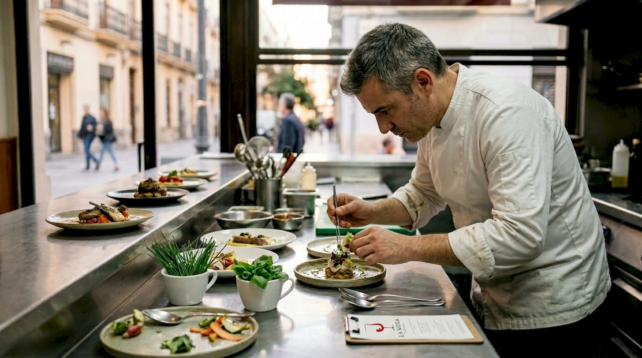 El chef prepara y presenta un menú degustación en Valencia, cuidando cada detalle en el emplatado para sorprender a los comensales.