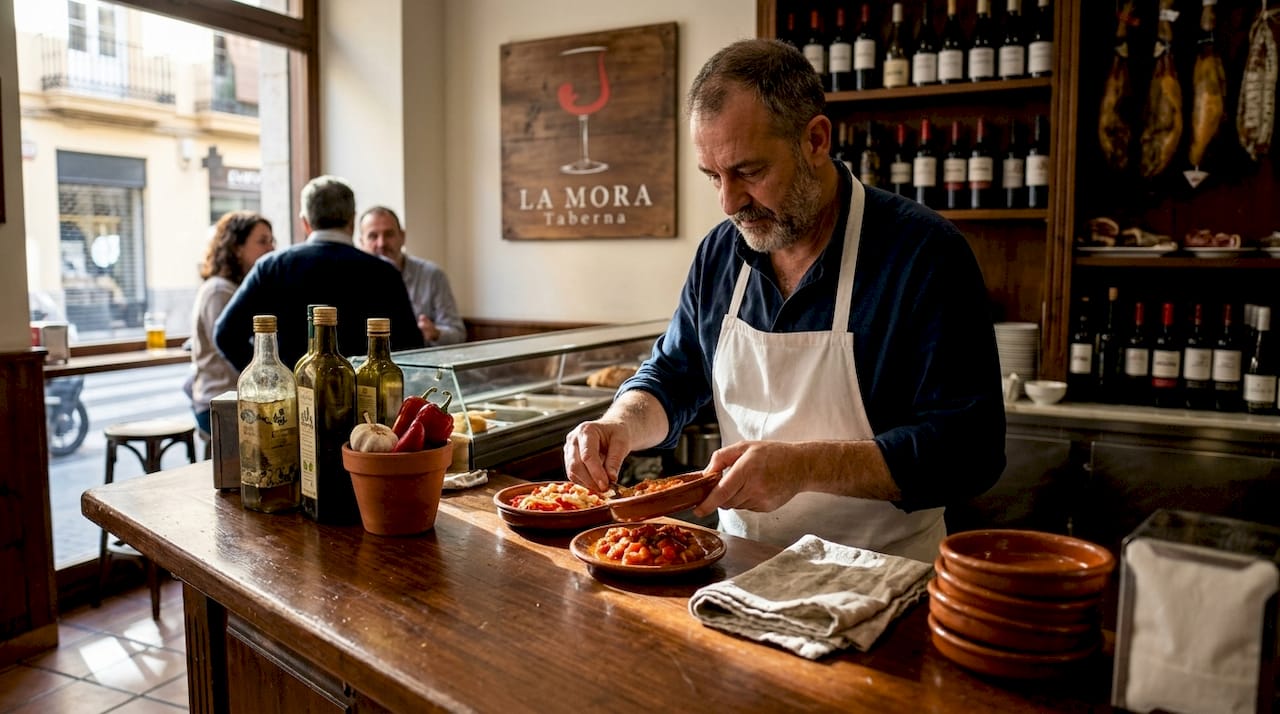 Un chef preparando y emplatando tapas auténticas en un bar típico de Valencia.