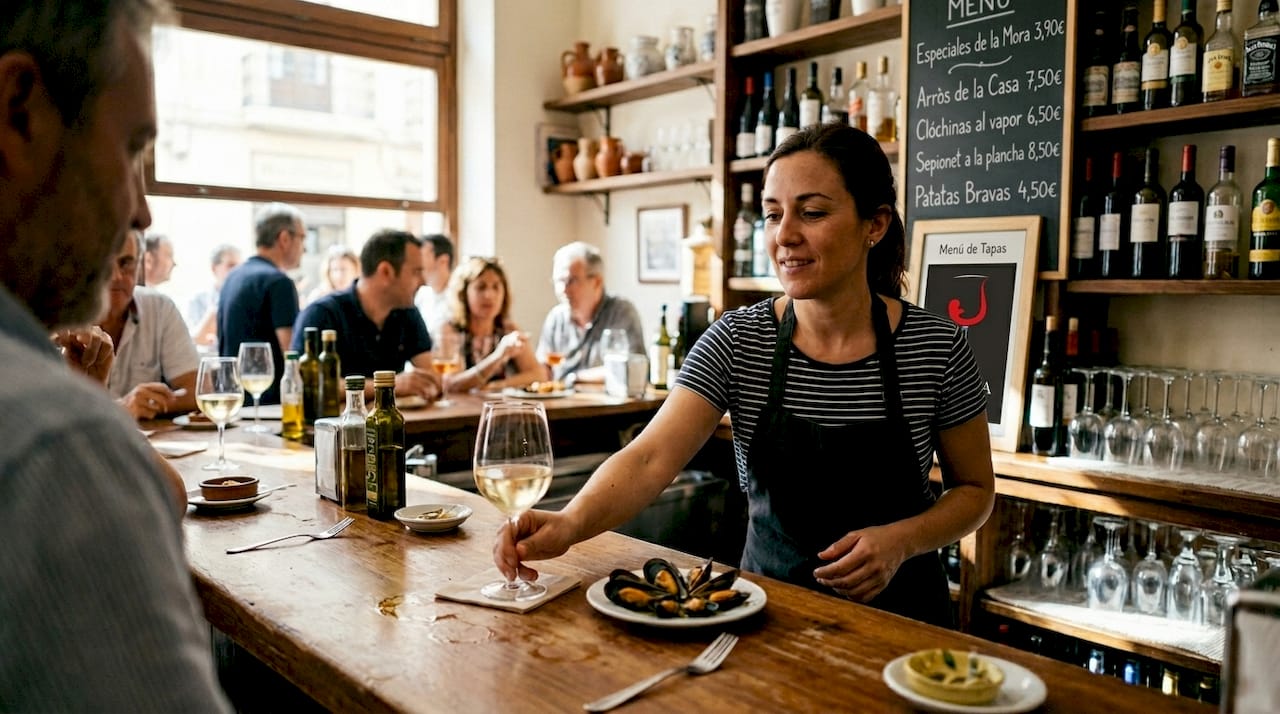 Una camarera ofrece una copa de vino acompañada de una tapa típica de Valencia.
