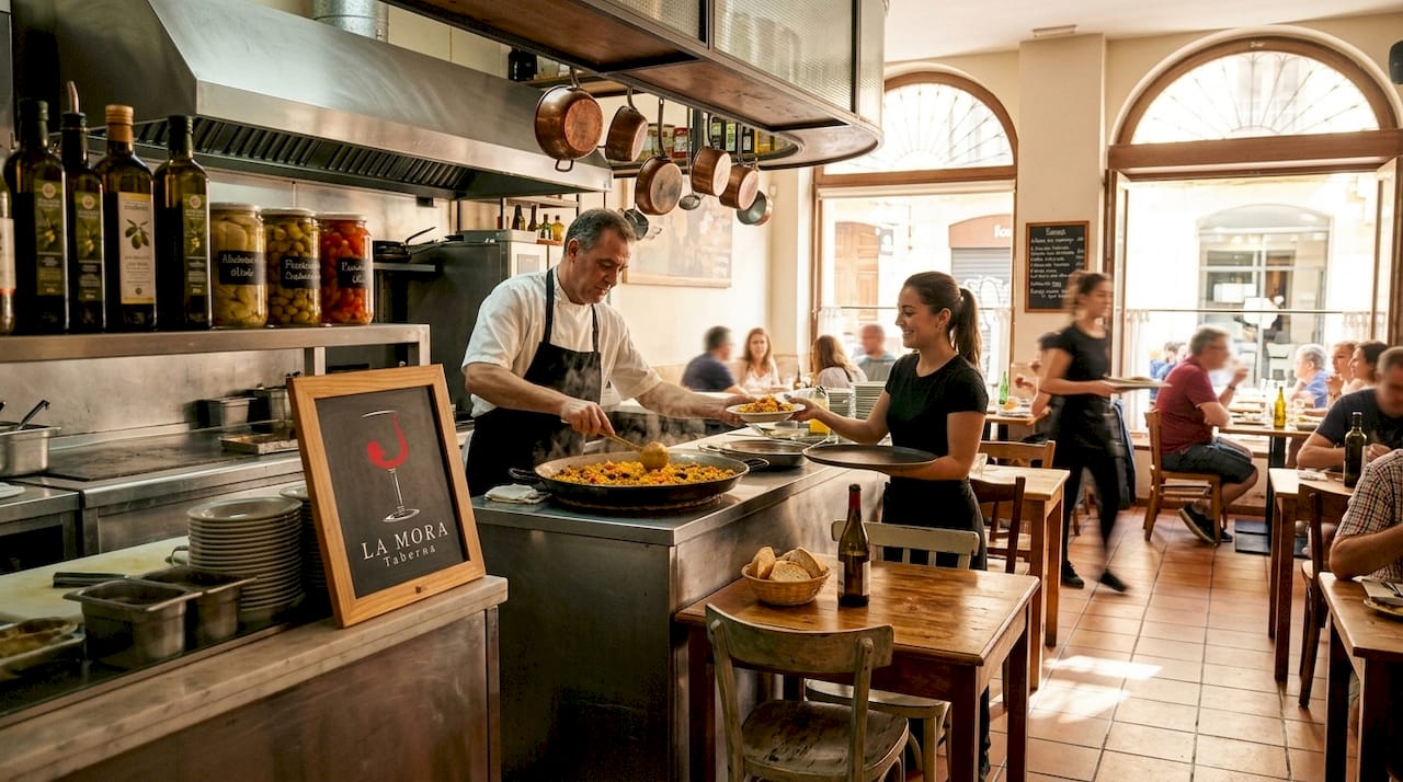 Un chef de restaurante español emplatando una paella a la vista de los comensales en la cocina abierta.