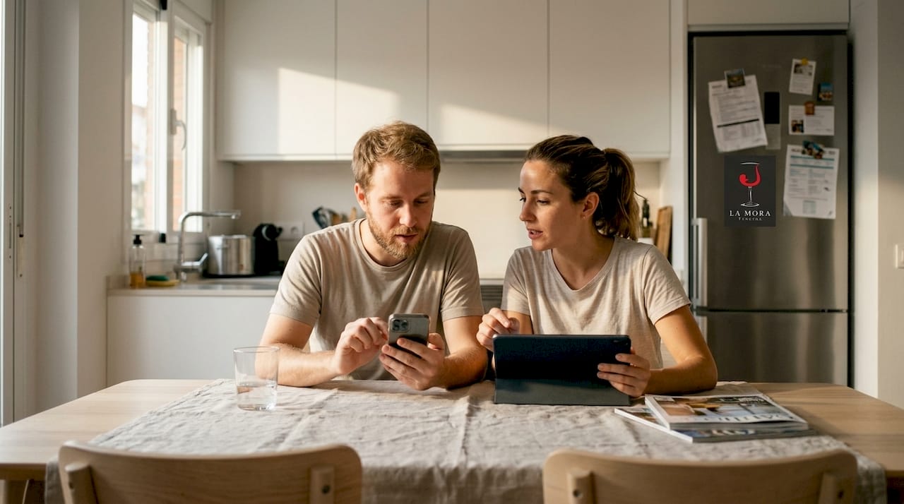 Una pareja está en casa, buscando restaurante y reservando mesa desde su móvil.