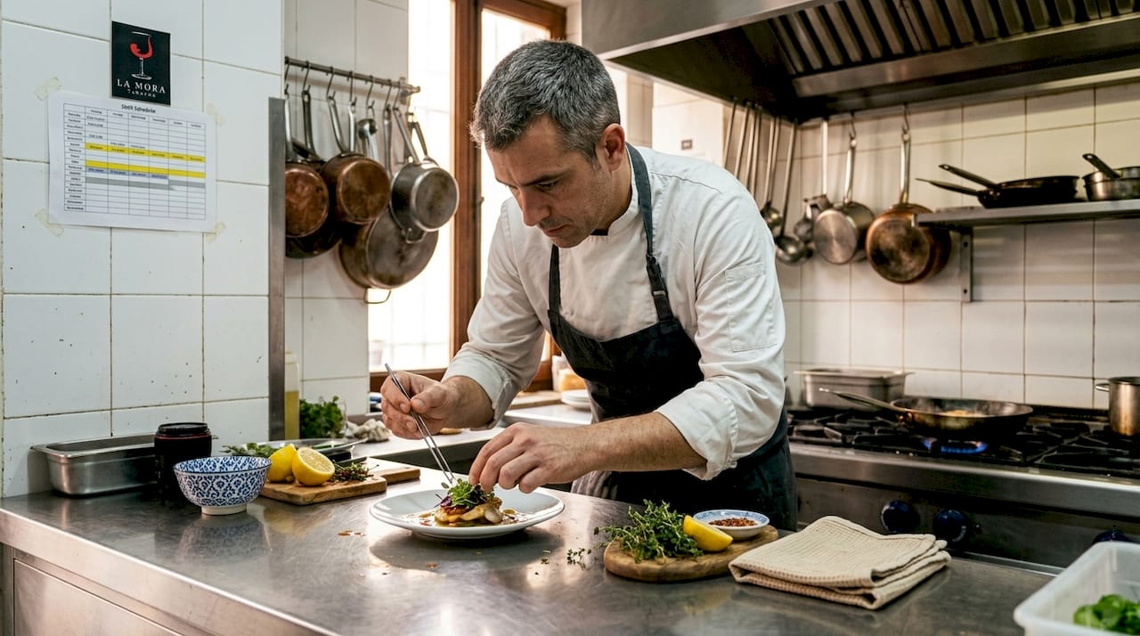 Cocinero dando los últimos toques a un plato gourmet en una cocina valenciana