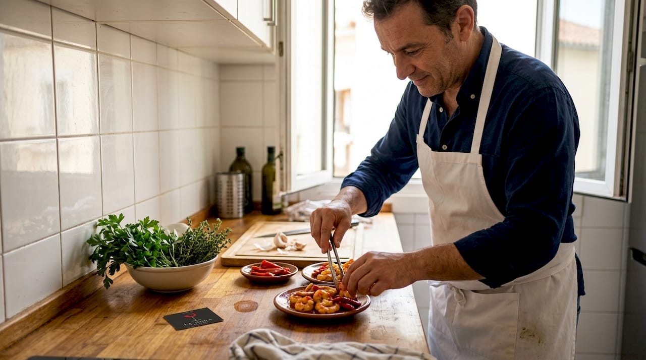 Un chef prepara y presenta tapas auténticas en la cocina de su casa.