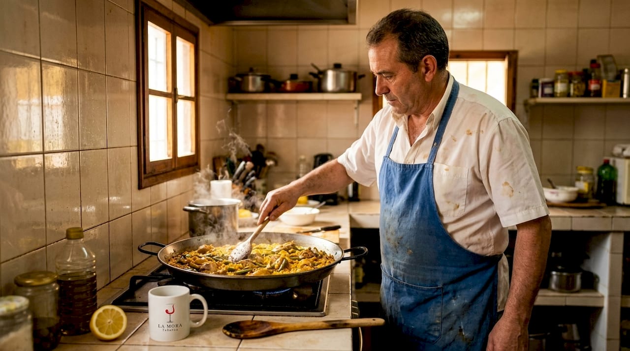 Un cocinero elabora una auténtica paella en la cocina de casa.