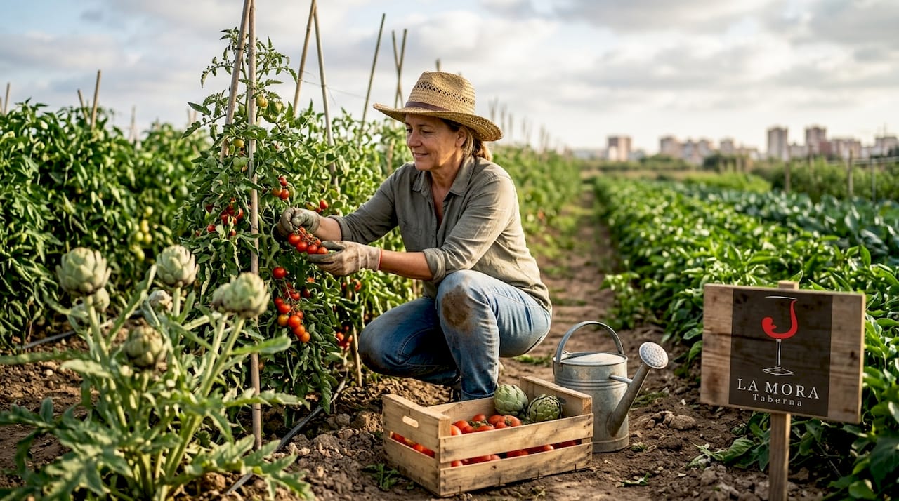 Mujer recogiendo hortalizas en una huerta valenciana
