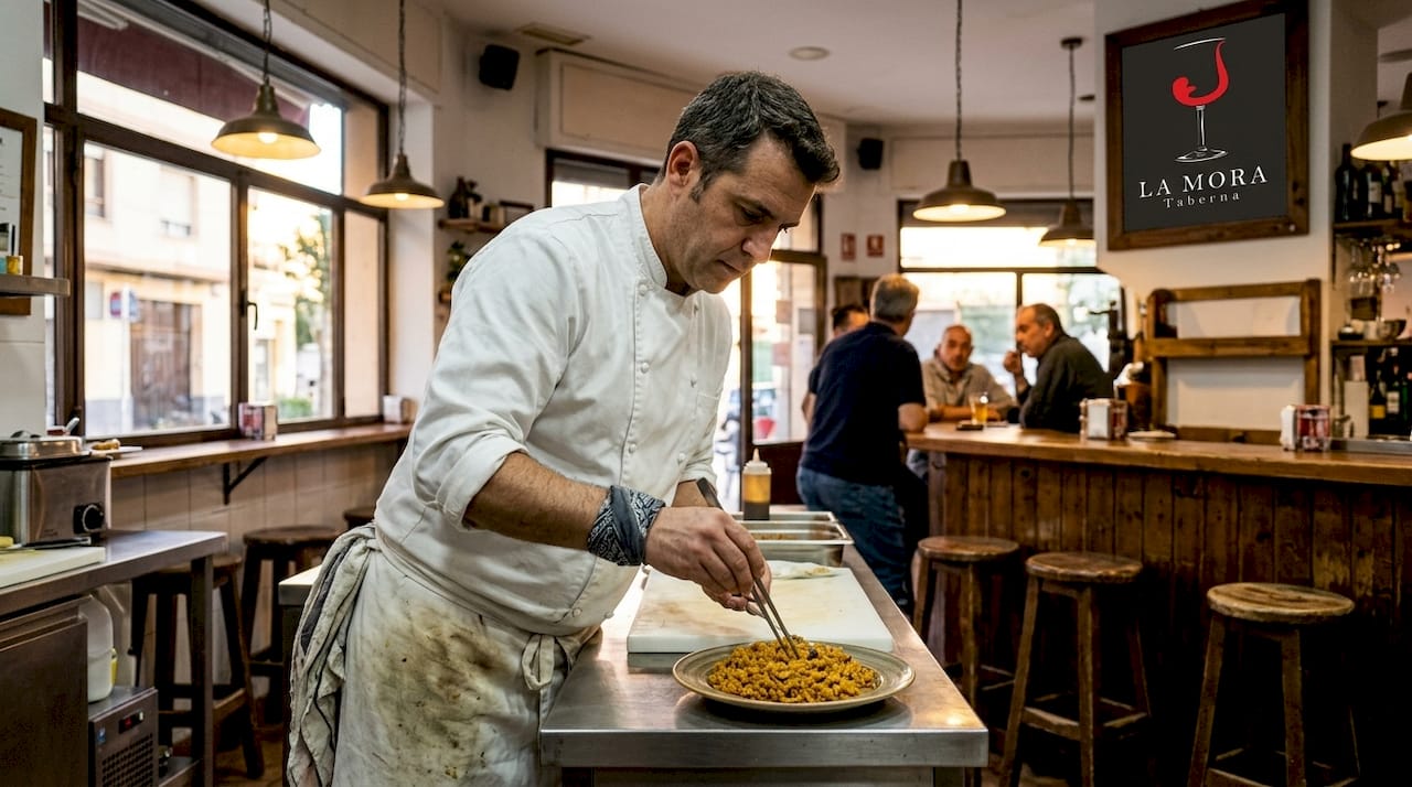 Un chef valenciano en plena acción, elaborando su especialidad en una cocina a la vista del público.