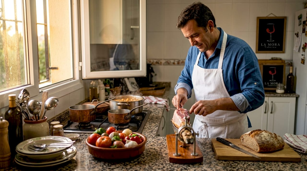 Un chef loncheando jamón en una cocina tradicional española.