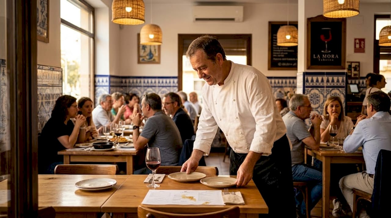 Cocinero sacando platos a sala en un restaurante típico valenciano