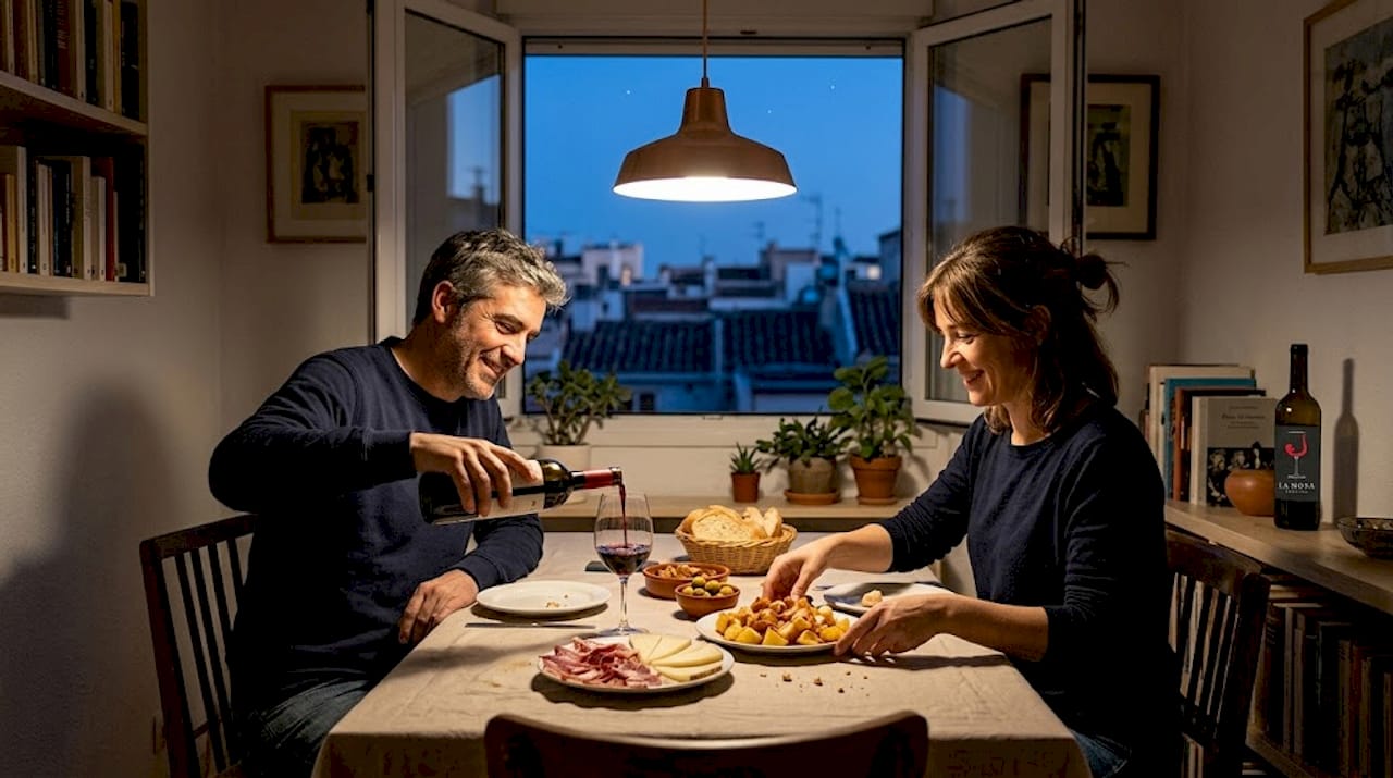 Una pareja disfruta cocinando juntos una cena española de lujo en casa.