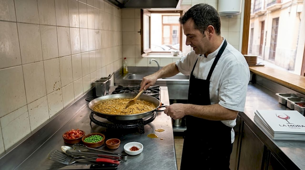 Cocinero elaborando un arroz tradicional en una cocina profesional de Valencia