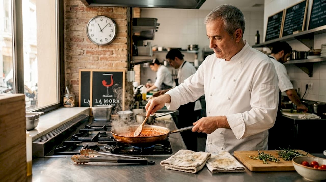 Un chef valenciano elaborando una salsa tradicional en su cocina