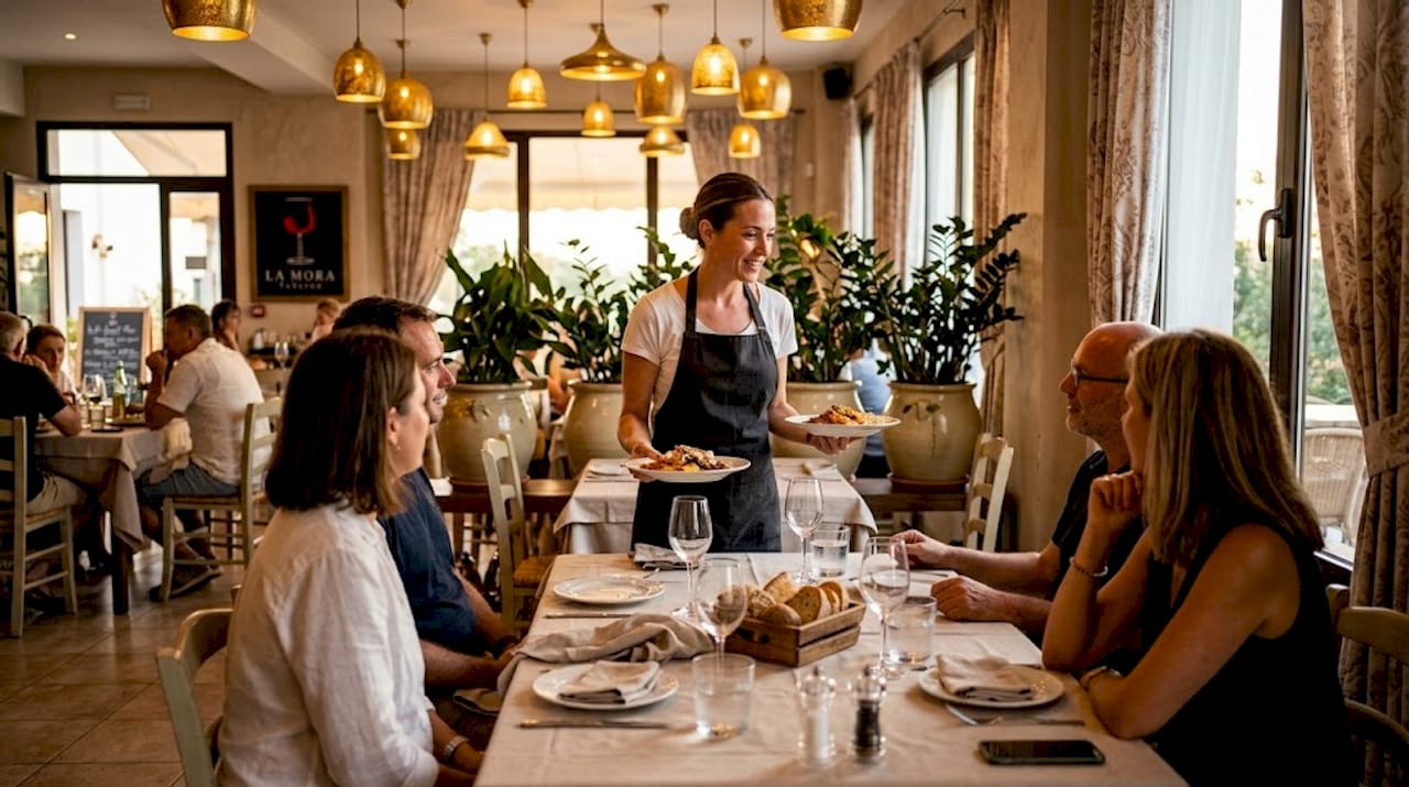 Una camarera atiende a los clientes llevando platos en un restaurante cálido y agradable.