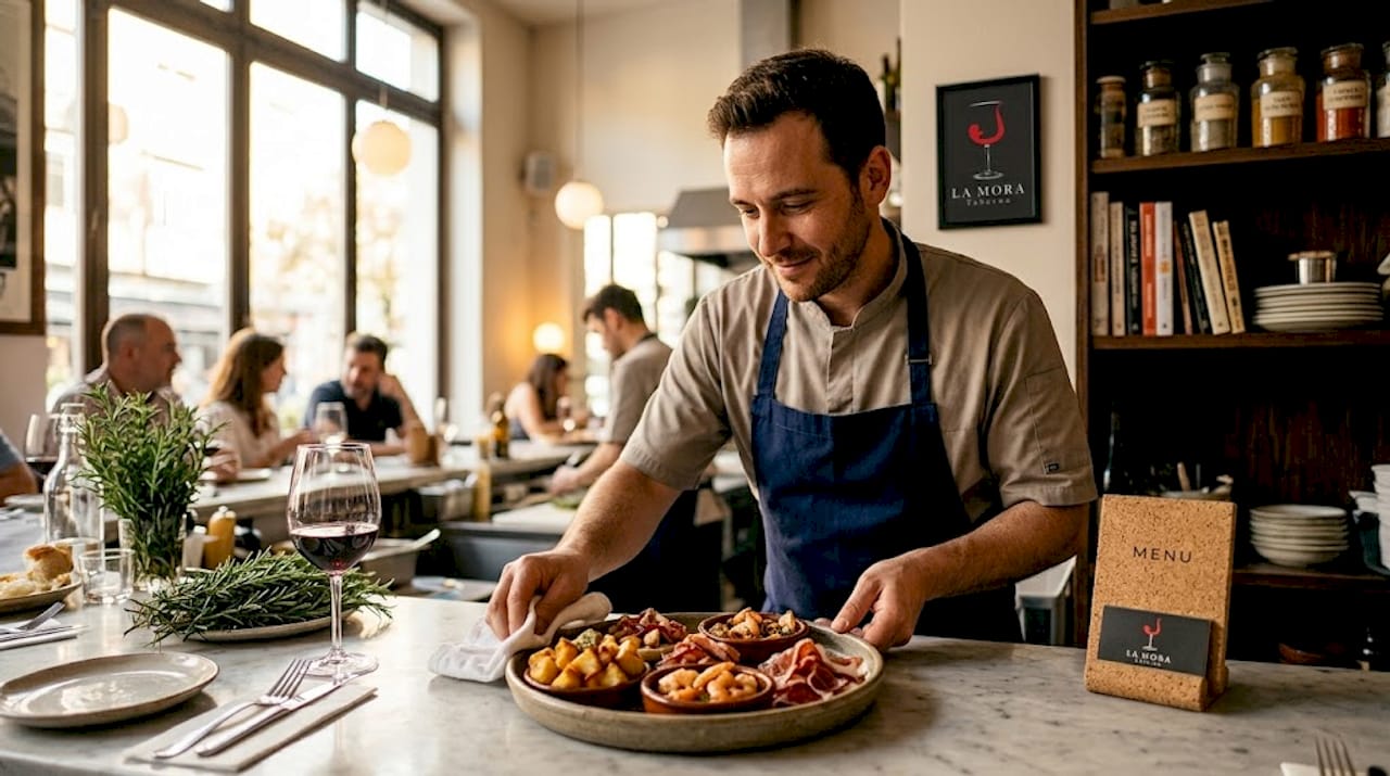 Cocinero elaborando sofisticadas tapas gourmet con una presentación impecable.